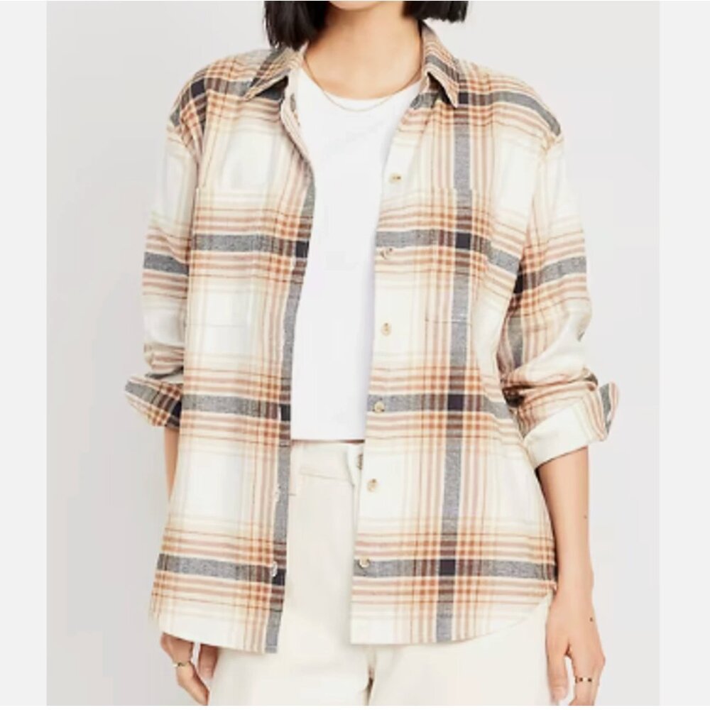 OLD NAVY Relaxed Fit Boyfriend Shirt Flannel Tan Brown Size XL NEW